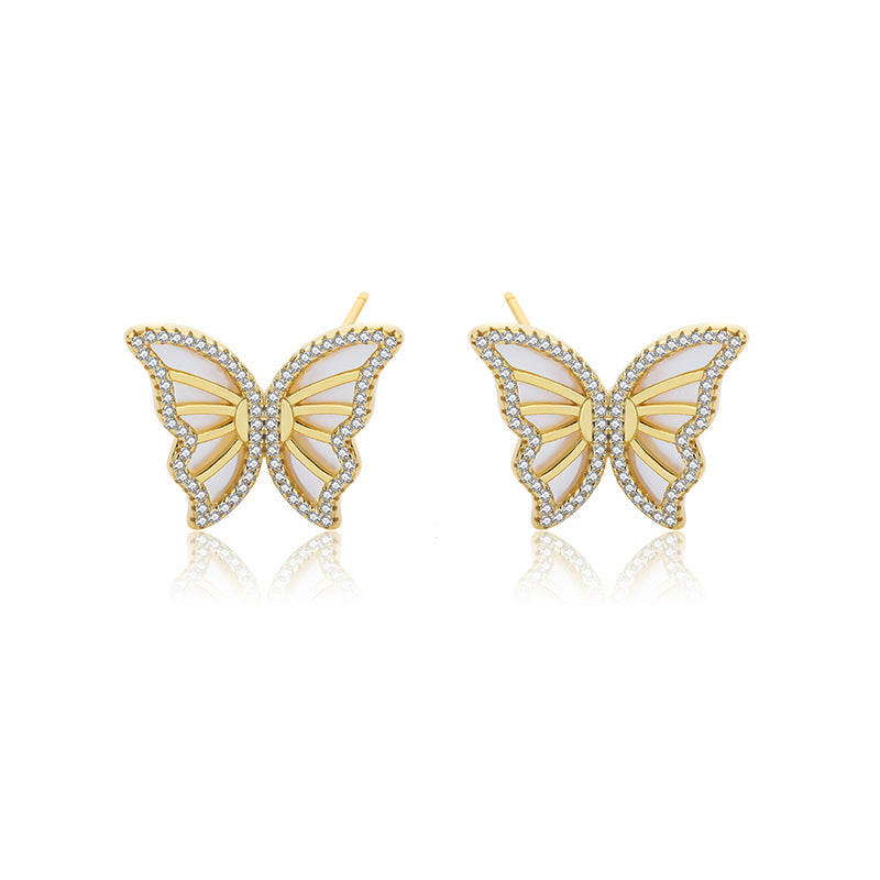 Women's Retro Micro Inlaid Zircon Sterling Silver White Shell Butterfly Earrings