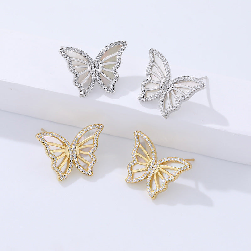 Women's Retro Micro Inlaid Zircon Sterling Silver White Shell Butterfly Earrings