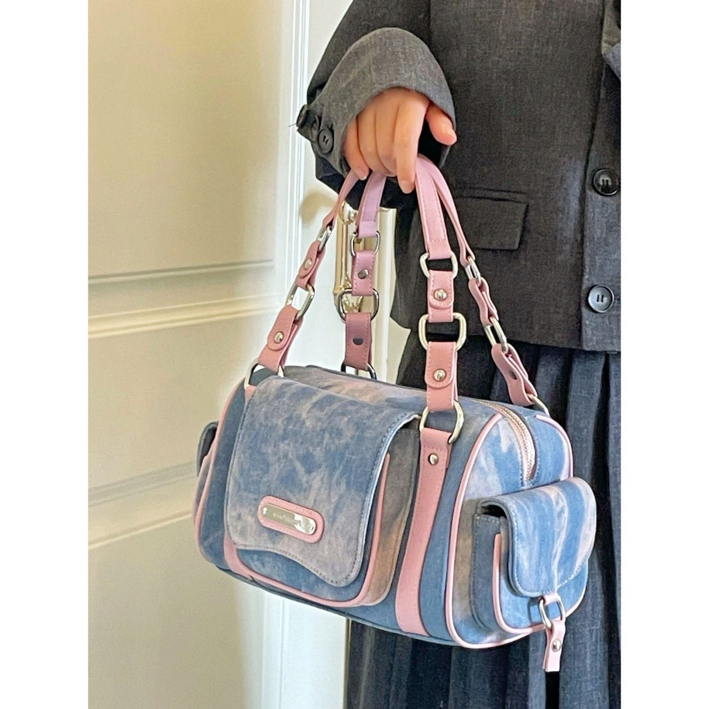 Hot Girl American Tie-dyed Multi-pocket Large Capacity Denim Handbag