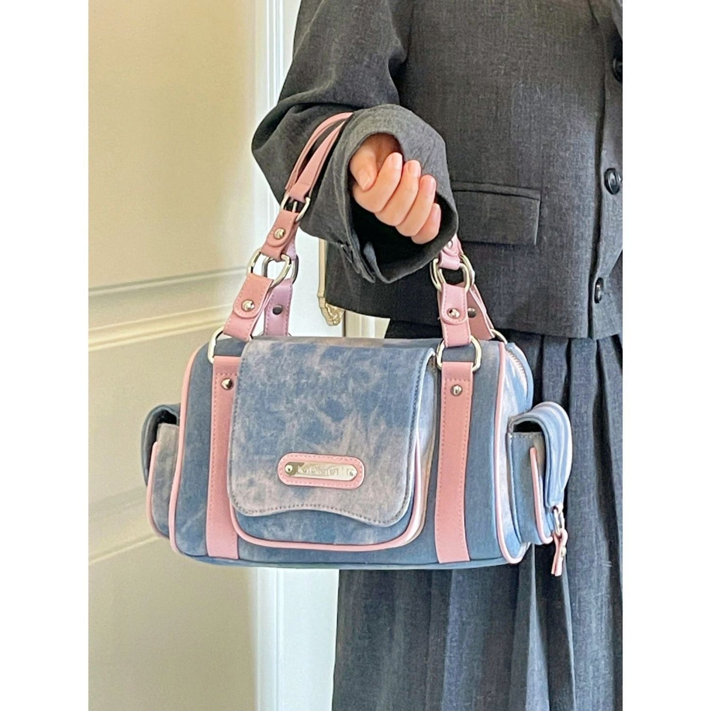 Hot Girl American Tie-dyed Multi-pocket Large Capacity Denim Handbag